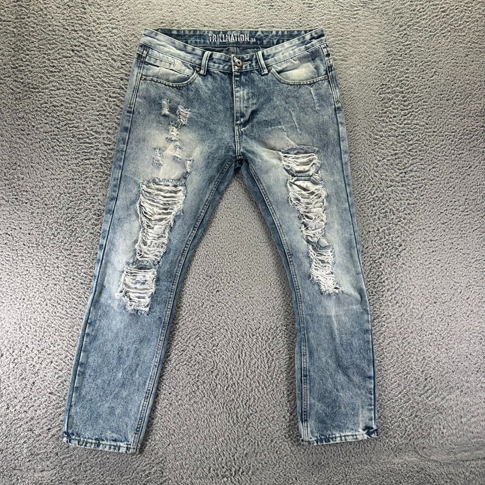 Trill Nation Jeans Men's 34x30 Blue Cotton Denim Straight Leg Distressed Faded